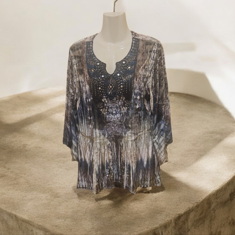 One World Top Winter Sift Velvet Gray Blue With Stones PL